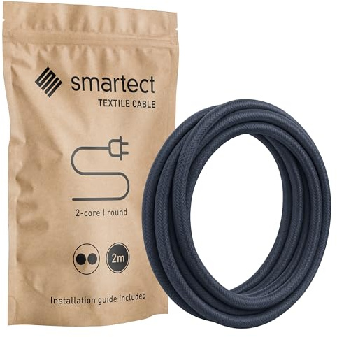 smartect Cavo Elettrico Tessile Bipolare (2 x 0.75mm²) Antracite, 2 Metri | Filo Elettrico Vintage, Cavo Elettrico Rivestito in Tessuto per Fai da Te