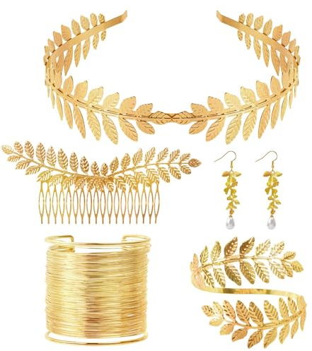 Sprießen 5 Stück Griechische Göttin Kostüm Schmuck Set, Hochzeit Brautschmuck, Oberarmreif, Ohrringe, Lorbeerkranz, Haarspange, Armband Goldene Hochzeit, Boho Blatt Haar Krone Accessories