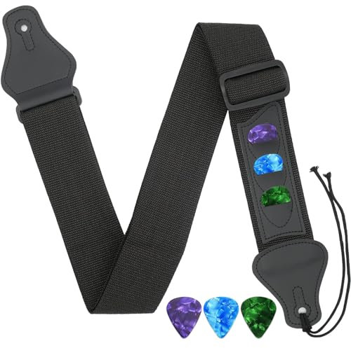 selcouth yyds Guitar Strap Braided Adjustable Straps with 3 Pick Pocket for Bass,Electric,Acoustic Guitars（Black）