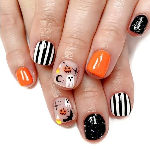 24PCS Short/Long Halloween False Nails - Almond/Coffin/Stiletto Shapes, Black/Red/Pink Press On Nails for Women and Girls (Black6, S)