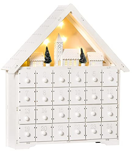 HOMCOM Calendario de Adviento de Navidad Madera con 24 Cajones y Luces LED Decoración Navideña Modelo Casita 39x9x42 cm Blanco