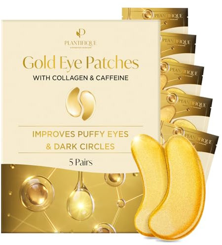 Plantifique Augenpads Gegen Augenringe und Tränensäcke - 5 Paar Gold Eye Pads mit Kollagen, Koffein - Augenmaske Under Eye Patches Mask - Augen Pads