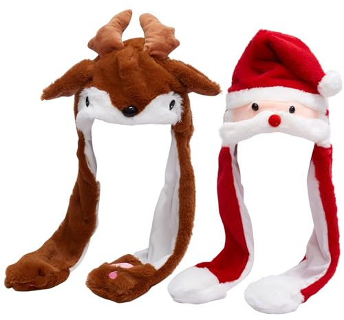 NAVESO 2PCS Lustige Weihnachtsmütze mit Beweglichen Ohren, Plüsch Nikolausmütze, Elch Weihnachtsmützen, Weihnachts Mütze, Christmas Hat für Weihnachten Geschenk