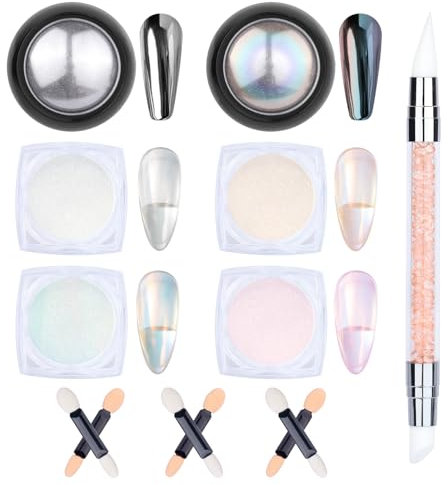IETWATE 6PCS Silver Pearl Chrome Nail Powder, Fine Nail Chrome Powders with Metallic Mirror Effect, Holographic Chrome Powder for Nails, White Aurora Chrome Nails, for DIY Manicure