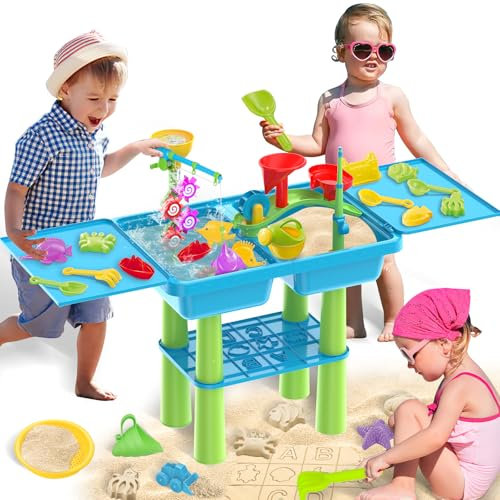 deAO Sand-Wasser-Tabelle für Kinder, 3 in 1 Wasserspieltisch für Kinder und Angelspiel, 26 Teiligem Zubehör inkl Sandschaufel, Wasserrad, Spieltisch mit Deckel Sandspielzeug ab 2 3 4 Jahr (Blau)