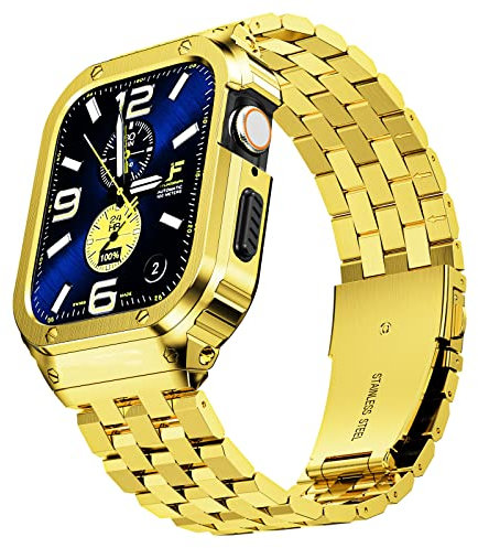 SUPLINK Stainless Steel Case and Band Compatible with Apple Watch Series 10 Strap 46mm for Men, Metal Bands Rugged Protector Bumper for iWatch Strap Series 10 (Gold)