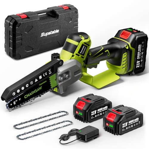 Supstable Mini Motosega A Batteria Da 6 Pollici, 8000 mAh, Lubrificazione Automatica, Motore Brushless 800 W, 2 Batterie, 2 Catene Di Ricambio E Caricabatterie, Sega Elettrica Portatile Per Giardino
