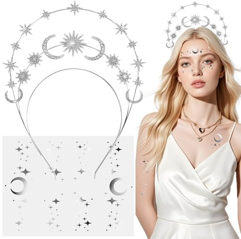 BOFUNX Haarreif mit Stern Mond Strass Haarband dreischichtig Glitzer Stirnband + Sterne Mond Tattoos Metallic Gesicht Körper Sticker für Fasching Karneval Musikfestival Party