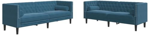 vidaXL Chesterfield Sofa Set mit Nackenrollen 2-TLG., Sofagarnitur mit Kissen, Sitzgruppe für Wohnzimmer, Polstersofa Couch Sessel, Blau Samt