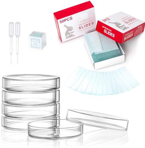 50 Pcs Blank Microscope Slides, 100 Pcs 20x20mm Square Cover Glass, 5 Pcs 60mm Diax15mm Deep Lab Petri Plate Dish with Lid and 10 Test Pipette Droppers