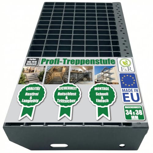 F&R Metallstufe 800x240 mm anthrazit RAL 7016 I Gitterroststufen Treppenstufen Metall 30/2 34x38 I korrosionsbeständig & robust I Metalltreppen für außen