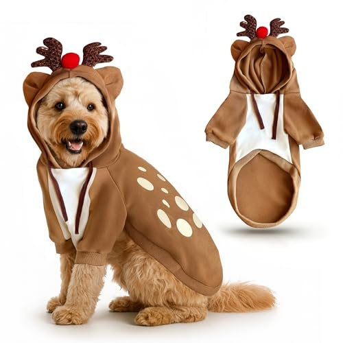 Dog Reindeer Christmas Costume Outfit (XL) Soft Brown Hoodie Jumper with Sequin Antlers and Red Nose Cat Puppy Winter Coat Sweater Dogs