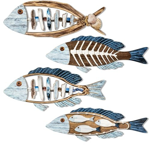 FZkuozougedd Fisch-Ozean-Wandkunst-Dekoration - 4 Stück Holz Fisch Küstenwandkunst Nautische Holzskulpturen Hängeschmuck See- Tier-Wandkunst Außendekoration Wegrand Rasen Zierfiguren Garten Hof