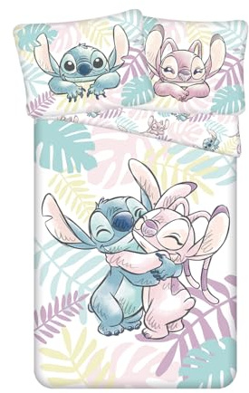 Stitch und Angel Blätter Bettwäsche 140x200 + Kissenbezug 70x90 Baumwolle | Wendebettwäsche Einzelbett | Naturbaumwolle atmungsaktiv Oeko-Tex | Disney Lilo & Stitch | Jugendliche | Geschenk