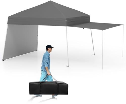 SPOTRAVEL 3 x 2.8m Pop up Canopy Tent, Folding Height Adjustable Outdoor Gazebo with 2 Sidewalls, Slant Legs & Carry Bag, Easy Setup Sun Protection Shelter for Party Events (Grey)