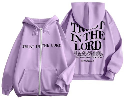 Generisch 2025 Women's Fashion Hoodie Letter Print Zipper Long Sleeve Drawstring Pocket Casual Sports Hoodie Pullover (6) Sweater Women Plus Size, Light Lilac, 3XL