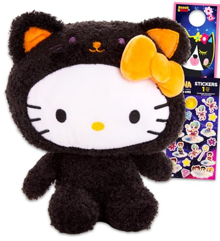 Sanrio Hello Kitty Plüsch-Set mit schwarzer Katze für Mädchen – Bündel mit 22,9 cm großer Hello Kitty schwarzer Katzen-Plüschpuppe plus Aufklebern, mehr | Sanrio Geschenke für Jungen, Kinder