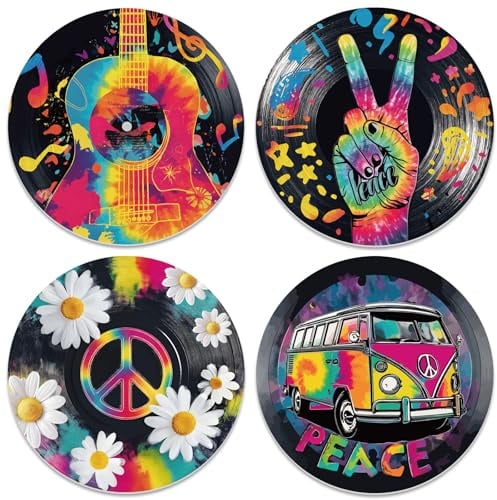 DOODLREAM 4 Packung Peace Guitar Daisy Vinyl Schallplattendekor 30cm Preppy Aesthetic Wanddekor Hippie Wandkunst Trippy Records für Schlafsäle Häuser Büros Schlafzimmer Wohnzimmer