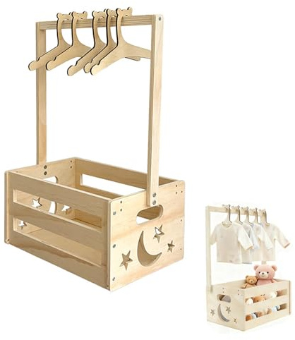 chiquieray Portable Baby Shower Crate Box,Wood Baby Storage Crate with Handle & 5 Hangers for child Shower Pregnancy New Parent Gifts