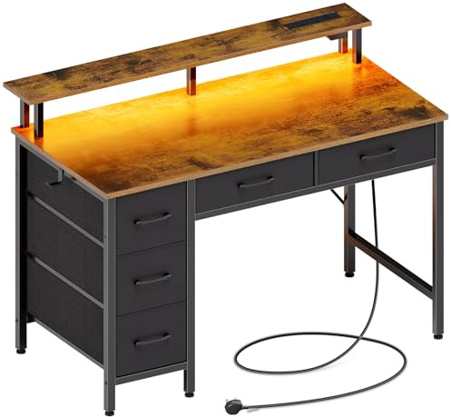 Seventable Bureau Gaming 100 cm avec LED RGB, Prises & Ports USB, Support Écran — Bureau avec Rangement et 5 Tiroirs en Tissu, Bureau Informatique pour Chambre ou Télétravail – Chêne Vintage
