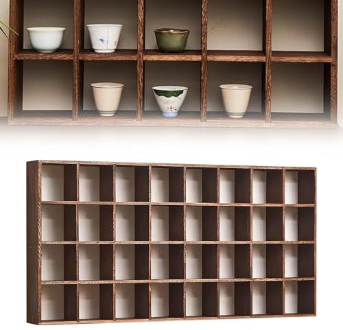 SXEVZOO Holzregal für Tassen mit 9 Bis 48 Fächern, Wandmontiertes Kaffeetassenregal, Aufbewahrungsmöglichkeit für Teetassen, Sammlerstücke, Figuren, Gewürzdosen(9 Grid/43.5x43.5cm)
