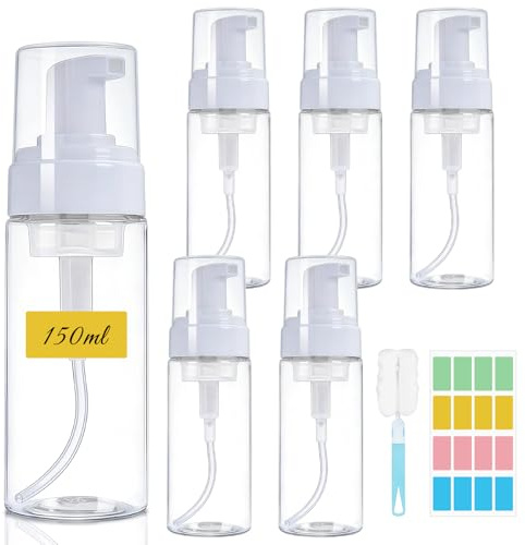 Maxumille 6 Pièces Flacon Mousseur Vide 150ml, Distributeur de Savon Mousse | Rechargeables Plastique Flacon Pompe, Bouteille Moussante avec Autocollant, Brosse pour Nettoyant Savon Shampooing