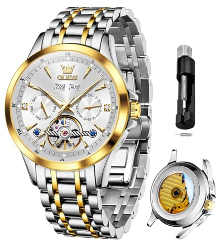 OLEVS Herren-Armbanduhr, Quarz, Analog, Quarz, Edelstahl, wasserdicht, zweifarbig