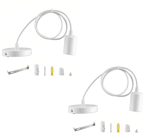 kwinfei 2 Pièces Suspension Luminaire E27 Moderne, Kit Complet avec Câble 100 cm Réglable, Douille Métal Blanc pour Lampe Suspendue, Compatible Salon, Cuisine, Chambre, Luminaire Suspension DIY