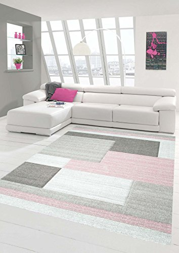 Traum Designerteppich Moderner Wohnzimmerteppich Kurzflor Mit Konturenschnitt Karo Muster Pastellfarben Rosa Beige, Größe 60x110 cm