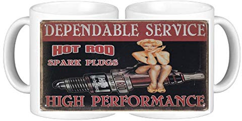 Personalisedjust4u Retro Motorbike Scooter Metal Signs on Ceramic Mugs for The Man Cave Dependable Service Hot Rod Spark Plugs