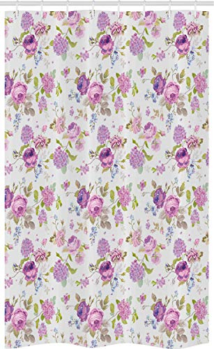 ABAKUHAUS Shabby Chic Schmaler Duschvorhang, Rosen und Veilchen, Badezimmer Deko Set aus Stoff mit Haken, 120 x 180 cm, Rosa Lila