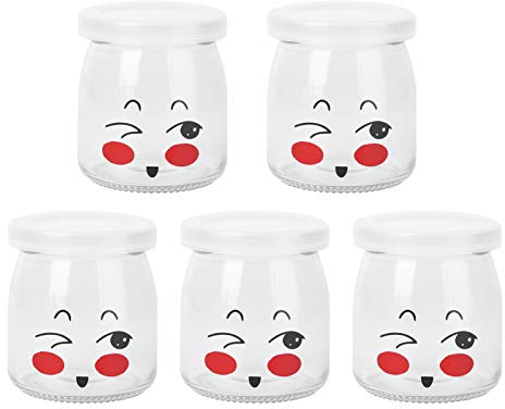 BESTonZON Joghurtgläser 5 Dessertgläser mit Deckel und kunststoffkappe für Gelee Mousse Marmelade Honig Hochzeit Baby Shower Favors 200 ml (Zufälliges Muster)