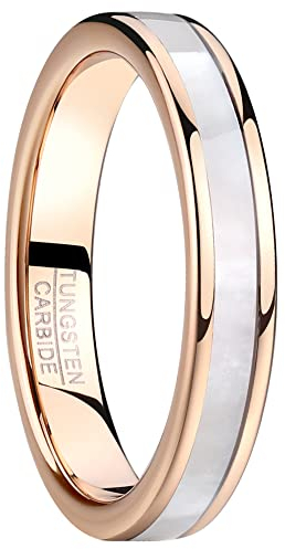 Vakki Ringe aus Roségold 4mm Wolfram Ring für Damen Weißer Perlmutt Ehering Frauenring für Hochzeit, Versprechen, Täglich, Größe 52(16.6)