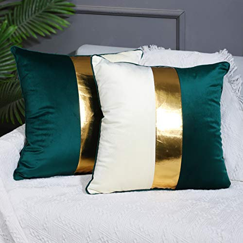 KACOPOL Blaugrün Beige Gold Leder Patchwork Samt Überwurf Kissenbezug 45,7 x cm Set von 2 Luxus Modern Home Decor Dekorative Kissen für Couch Wohnzimmer Schlafzimmer Auto (Blaugrün, cm)