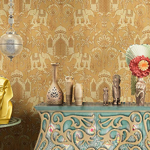 prior.choice 10 x 0,53 m indischer Elefant-Tempel, Taj Mahal, 4 Farben, wasserdicht, geprägt, strukturierte PVC-Tapete, Rolle für Schlafzimmer, Wohnzimmer, 4 x 82 cm (B x L), 57 m² (Gold)