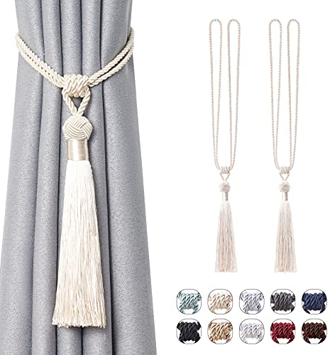 Pretty Jolly Lot de 2 embrasses de rideaux longues à pompons faites à la main en corde tressée avec nœuds de style européen pour décoration de fenêtre de maison et de bureau (beige)