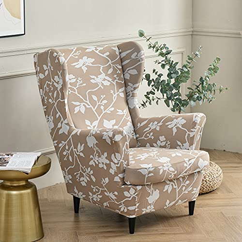 Highdi 2 Teilig Ohrensessel Überzug, Sessel-Überwürfe Ohrensessel Schonbezüge Bezug Sesselhusse Elastisch Stretch Tiger Stuhlbezug mit Armlehne Hohe Rückenlehne Universal (Zweig der weißen Blume)