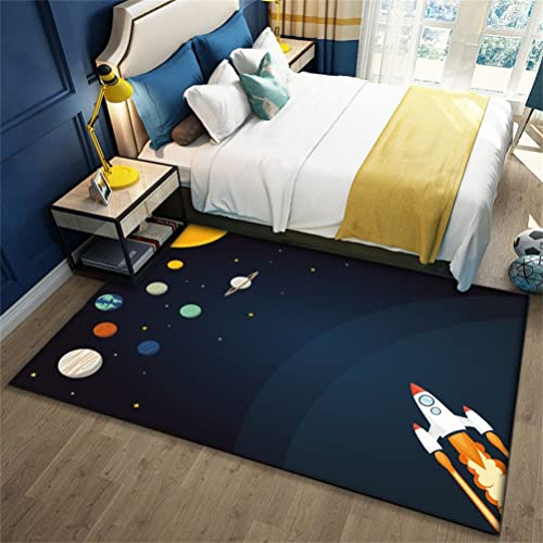 Kinderteppich Universe Planet Astronaut 3D Wohnzimmerteppich Rutschfest Blau Schwarz Raumschiff Rakete Teppiche Jungen und Mädchen Spielteppich Kinderzimmer Teppich Waschbar (Farbe1,80 x 160 cm)