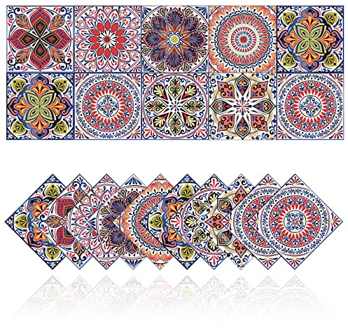Cendray Fliesenaufkleber Retro Fliesenaufkleber für Badezimmer Küche DIY Öldichtes Wasserdichtes PVC Selbstklebende Dekoration Marokko Stil Roter Böhmischer Stil (20,15x15cm)