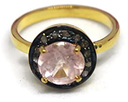 Ravaria Jewelry Handmade Natural Rose Quartz and Polki Diamond Gemstone Ring 925 Sterling Silver Gold Filled Genuine Ring (F)