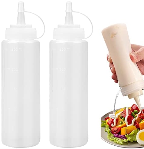 2 Stück Plastik Squeeze Flasche, Quetschflasche Mit Kappen, 8oz Kein Leck Condiment Flaschen für Malen,Backen,Ketchup,scharfe Soße,Olivenöl, Saucenflasche(Transparent, 250ML)