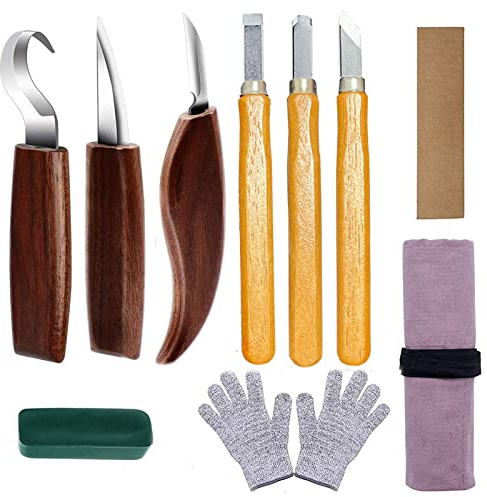 mumisuto Wood Carving Tools Set 10Pcs Chrome Vanadium Steel Carving Knife Wood Whittling Kit with Polishing Stone, Professional Wood Carving Knife for Wood, Fruit, Vegetable Carving, Sculpture
