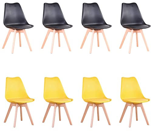HJhomeheart Lot de 8 Chaises de Salle à Manger, Pieds en Bois Massif, Coussin de Chaise Amovible, Chaise de Cuisine, Chaise Moderne (Noir+Jaune-8)