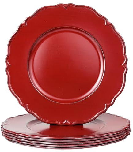 UOEKCS Antique Red Charger Plates Set of 6, 13 Plate Charger for Dinner Plates, Plastic Round charger plates bulk Wedding, Events, Party, Tabletop Decor.