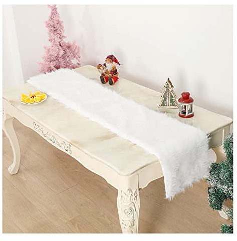 Yurosiay Weiß Tischläufer Weihnachten Modern Kunstfell Tischläufer Fell Tischläufer Deko Tischband Tischläufer Felloptik Kunstfell Tischdecke für Weihnachten Hochzeit Haus Dekoration 183×37cm