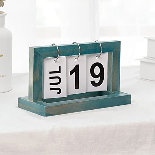 Ewiger Kalender,Holz Flip Kalender,Clamshell Tisch Kalender,Ewiger Kalender zum Umklappen,Vintage Style Ewiger Kalender,Holz Endloskalender für Büro, Haushalt und Schreibtisch,20 x 9 x 12 cm (blau)