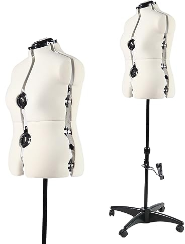 PDM Worldwide Verstellbare Schneiderpuppe mit Rocksaummarkierer für Damen 42–48, zum Abstecken, 13 Verstellräder, abnehmbaren Rollen, Höhe 108–152,4 cm, Präsentation von Kleidung, Größe M–L, Beige
