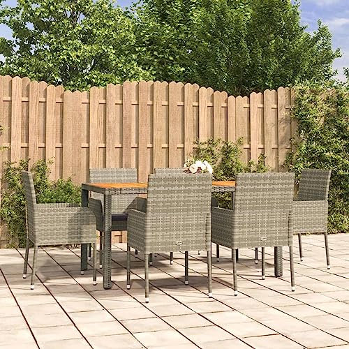 ZEYUAN 7-TLG. Garten-Essgruppe mit Kissen, Gartenmöbel Set, Balkonmöbel Set, Sitzgruppe Garten, Gartengarnitur, Esstischset, Garten Essgruppe, Grau Poly Rattan