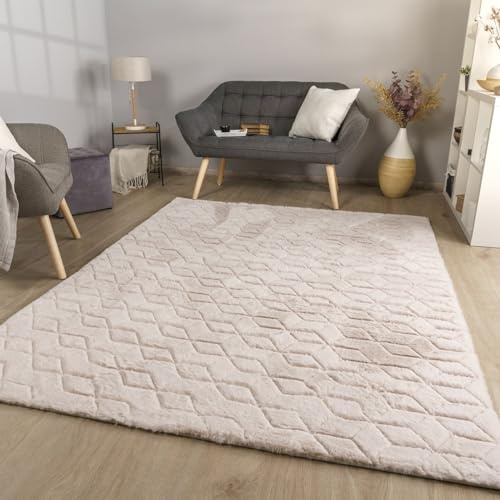 TT Home Wohnzimmer Teppich Esszimmer Langflor Skandi Optik Geometrisch 3D Unifarben, Farbe:Beige Weiß Creme, Größe:160x220 cm
