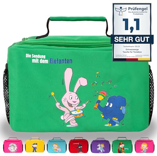 GRINSEZWERGE Tasche für Toniebox Starterset und Tonie Figuren | Aufbewahrung für Tonies Hörfiguren und Zubehör | Box Transporttasche | Tigerbox Tragetasche Koffer (Die Sendung mit dem Elefanten)